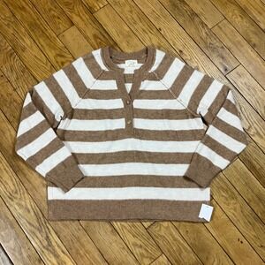 NEW Thread & Supply Striped Henley Sweater Ivory Toffee Brown Small